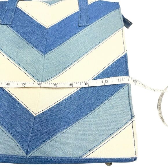 Blue and Cream Chevron Denim Structured Tote Shoulder Bag - Picture 6 of 8